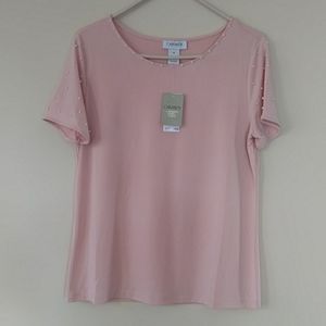 NEW Carmen Marc Valvo Embellished Faux Pearl Blouse S Pink